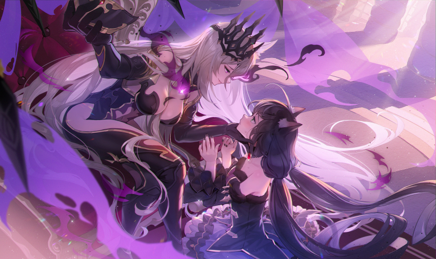 2girls, absurdres, animal_ear_fluff, black_gloves, black_hair, black_nails, black_sleeves, blue_eyes