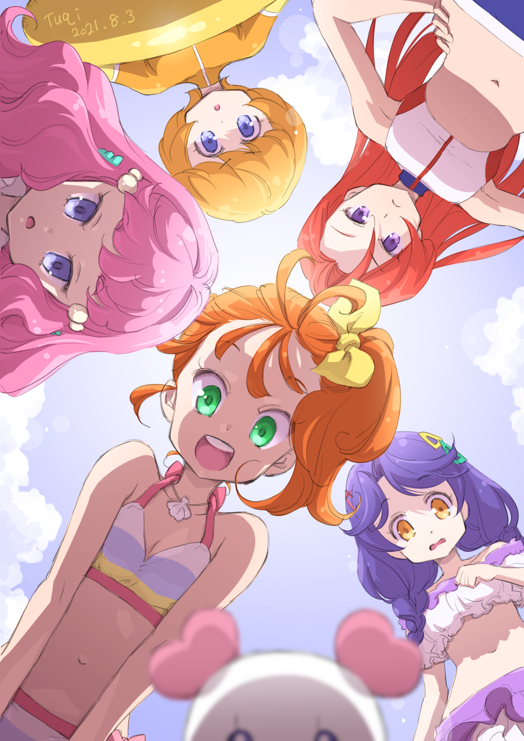 5girls, :d, bikini, blonde_hair, blue_eyes, bob_cut, bow, breasts