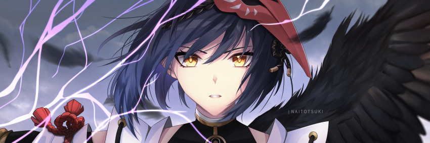 1girl, absurdres, artist_name, black_hair, black_wings, detached_sleeves, eyelashes, feathered_wings