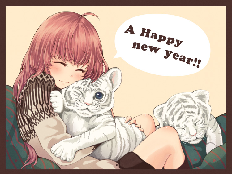 ahoge, closed_eyes, english_text, long_hair, lulu_(shoutarou), new_year, original, red_hair