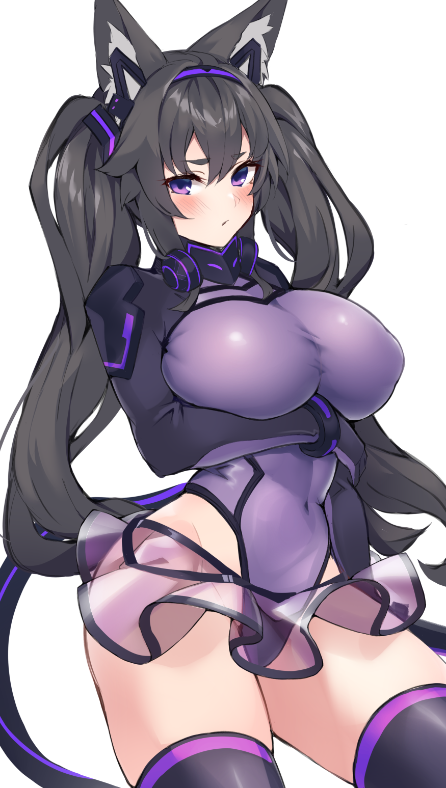 1girl, animal_ears, arm_under_breasts, bad_id, bad_pixiv_id, black_hair, black_thighhighs, blush, bodysuit, breast_press, breasts, covered_erect_nipples, highres, large_breasts, leotard, long_sleeves, looking_at_viewer, navel, neko_mantis, original, purple_eyes, purple_leotard, see-through_clothes, see-through_skirt, skin_tight, skindentation, skirt, solo, thick_thighs, thighhighs, thighs, twintails, white_background