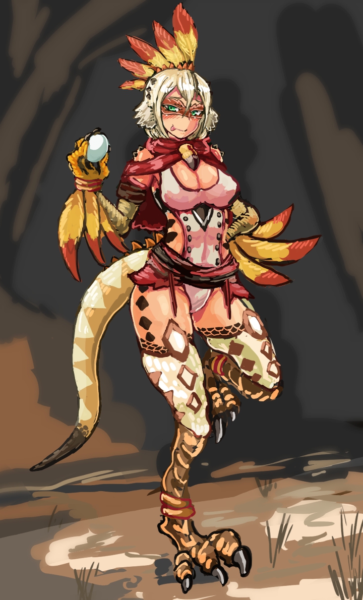 1girl, :p, breasts, claws, egg, facial_tattoo, feathers, full_body