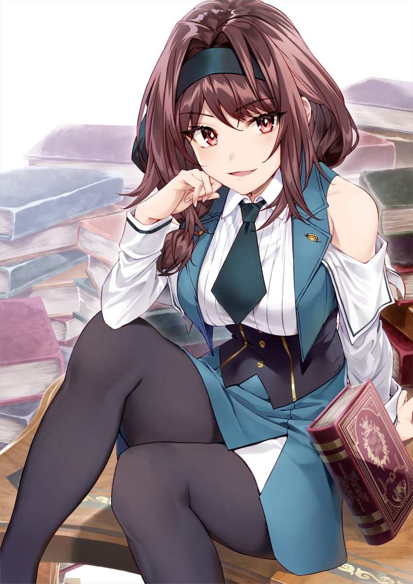 1girl, absurdres, anna_(s-rank_boukensha), bare_shoulders, book, breasts, brown_eyes, brown_hair