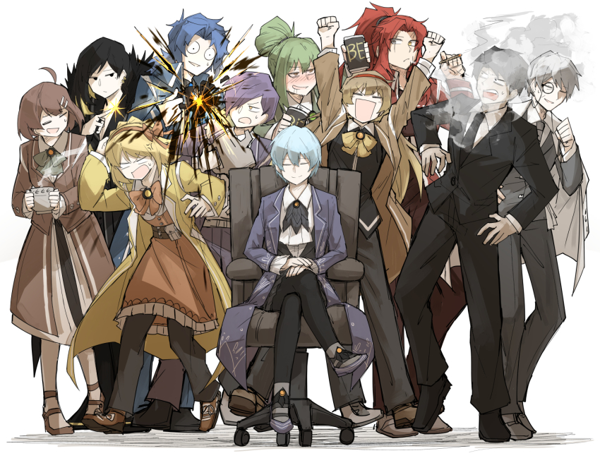 5boys, 6+girls, ahoge, alcohol, angela_(project_moon), anger_vein, angry, arms_up