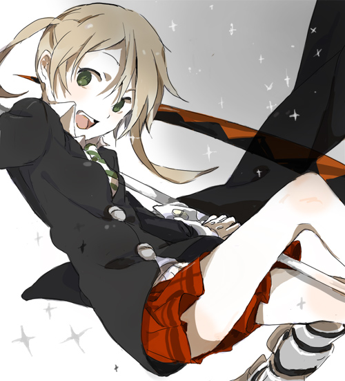 00s, blonde_hair, green_eyes, gurunyanya, maka_albarn, necktie, open_mouth, scythe, simple_background, skirt, solo, soul_eater, sparkle, striped_clothes, striped_necktie, teeth, twintails, upper_teeth_only, weapon