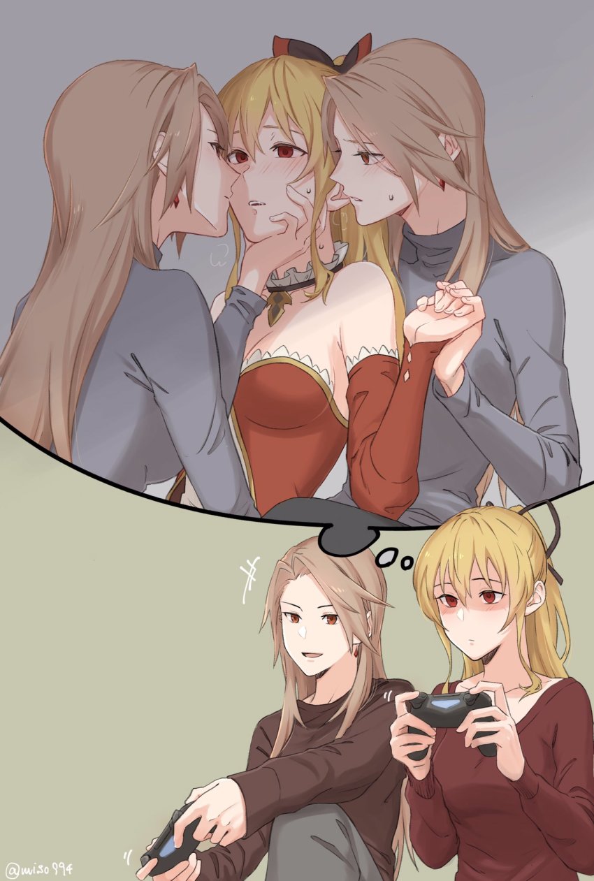 5girls, alternate_costume, blonde_hair, blush, brown_hair, clone, contemporary, controller