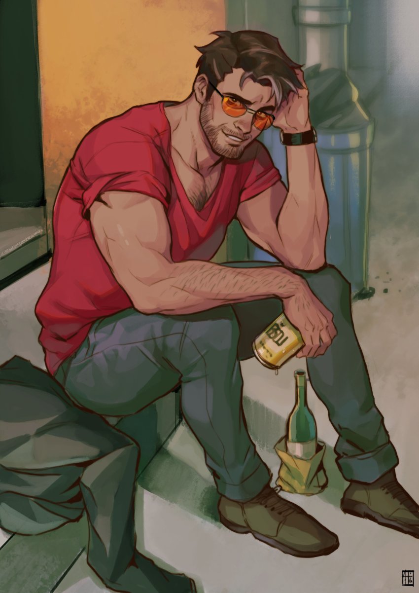 1boy, absolum_art, absurdres, bara, beard, brown_hair, denim, dream_daddy:_a_dad_dating_simulator, facial_hair, highres, looking_at_viewer, male_focus, mature_male, muscular, muscular_male, pants, red_shirt, robert_small, shirt, short_hair, smile, solo