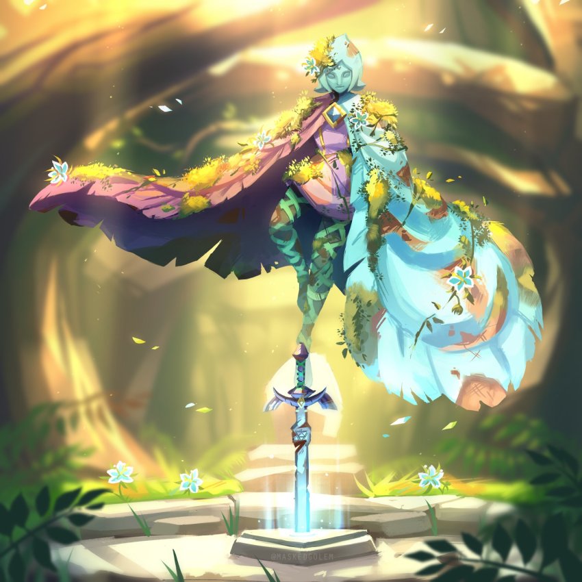 1girl, blue_cape, blue_hair, blue_skin, cape, colored_skin, fi_(zelda), floating, forest, glowing, highres, maskedgolem, master_sword, moss, nature, nintendo, no_arms, purple_cape, rust, silent_princess, solo, the_legend_of_zelda, the_legend_of_zelda:_breath_of_the_wild, the_legend_of_zelda:_skyward_sword, twitter_username, two-tone_cape