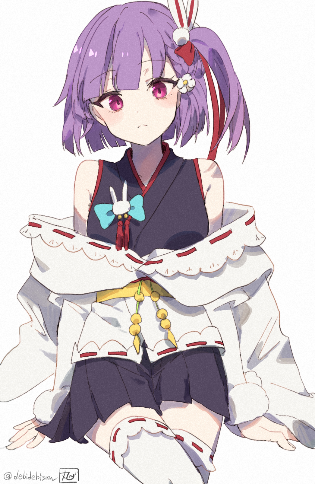 1girl, animal_ears, bare_shoulders, bow, braid, chibirisu, crossed_legs, fake_animal_ears