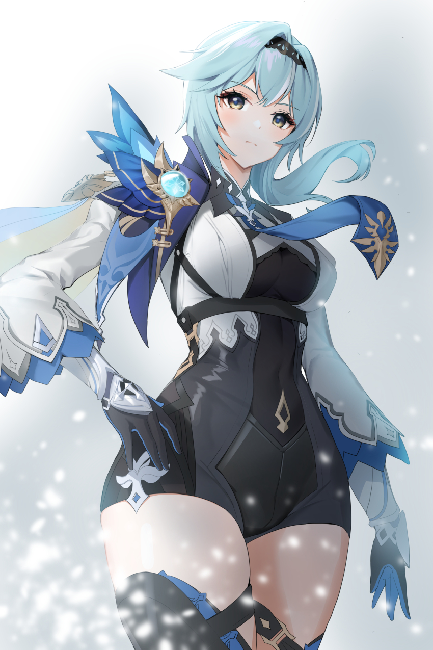 1girl, absurdres, blue_hair, blue_necktie, bodystocking, breasts, center_opening, cleavage