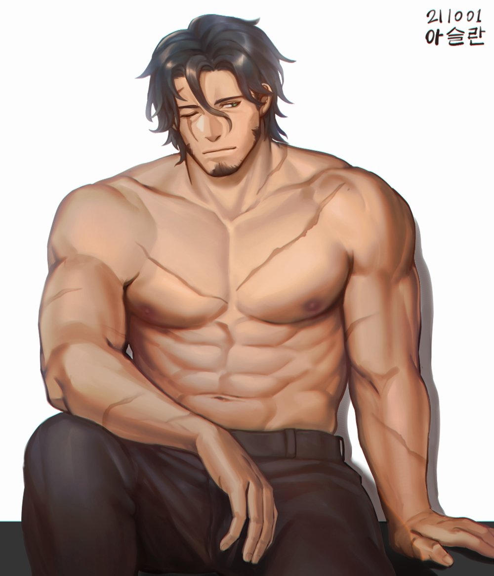 1boy, abs, aslan_valcarios, bad_id, bad_twitter_id, bara, black_hair, facial_hair, large_pectorals, lord_of_heroes, male_focus, mature_male, muscular, muscular_male, navel, nipples, one_eye_closed, pectorals, sdz_(inazuma), solo, topless_male