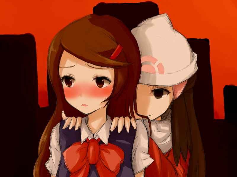 00s, 2girls, alternate_costume, beanie, black_hair, blush, brown_eyes, brown_hair