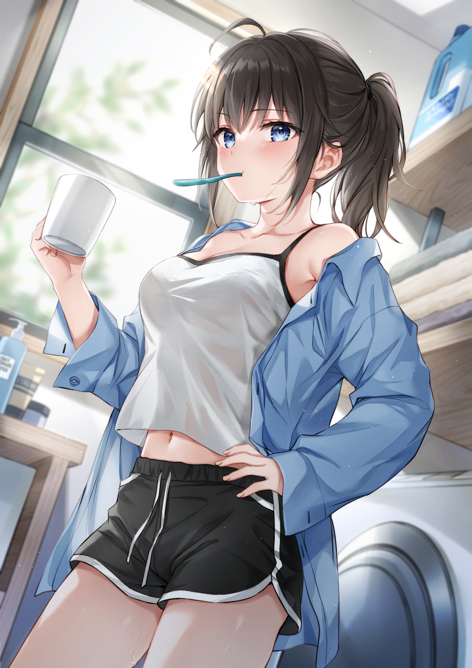 1girl, ahoge, armpit_crease, bare_shoulders, black_hair, black_shorts, blue_eyes, blue_shirt