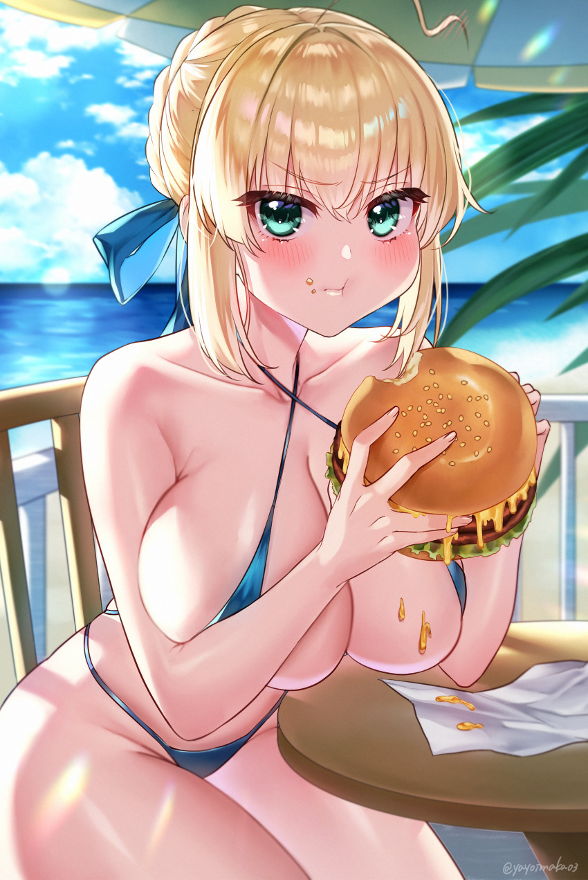 1girl, :t, absurdres, ahoge, alternate_breast_size_(larger), artoria_pendragon_(fate), beach, beach_umbrella