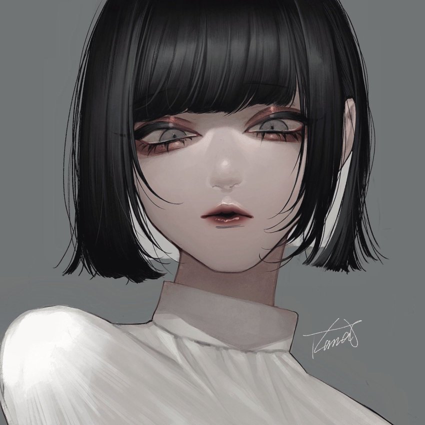 1girl, archived_source, bad_id, bad_twitter_id, black_hair, blunt_bangs, bob_cut, eyeshadow