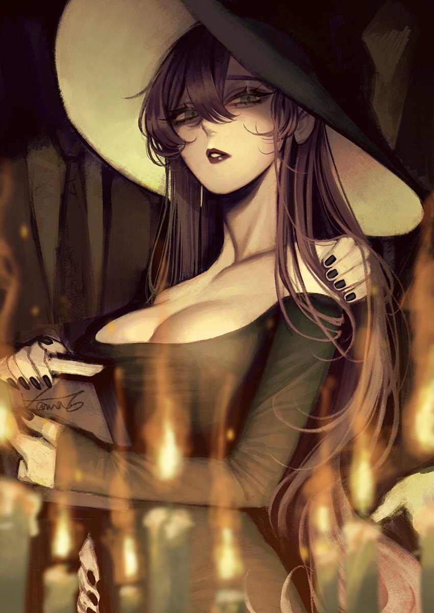 1girl, archived_source, bad_id, bad_twitter_id, black_dress, black_hair, black_headwear, black_nails, breasts, candle, cleavage, dress, fire, hair_between_eyes, hat, highres, kamato_il, long_hair, long_sleeves, looking_at_viewer, nail_polish, off-shoulder_dress, off_shoulder, original, parted_lips, pointing, shadow, signature, sleeves_past_wrists, solo_focus, upper_body, very_long_hair, witch_hat