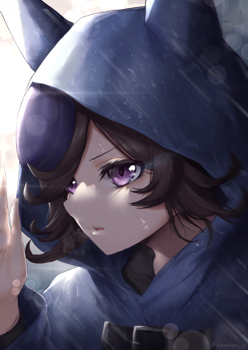 1girl, brown_hair, commentary_request, hair_over_one_eye, hat_over_one_eye, highres, hinamayo, hood