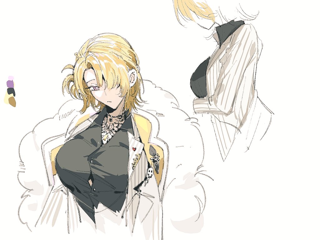 1girl, black_choker, blonde_hair, breasts, bright_pupils, caradocc, chest_tattoo, choker