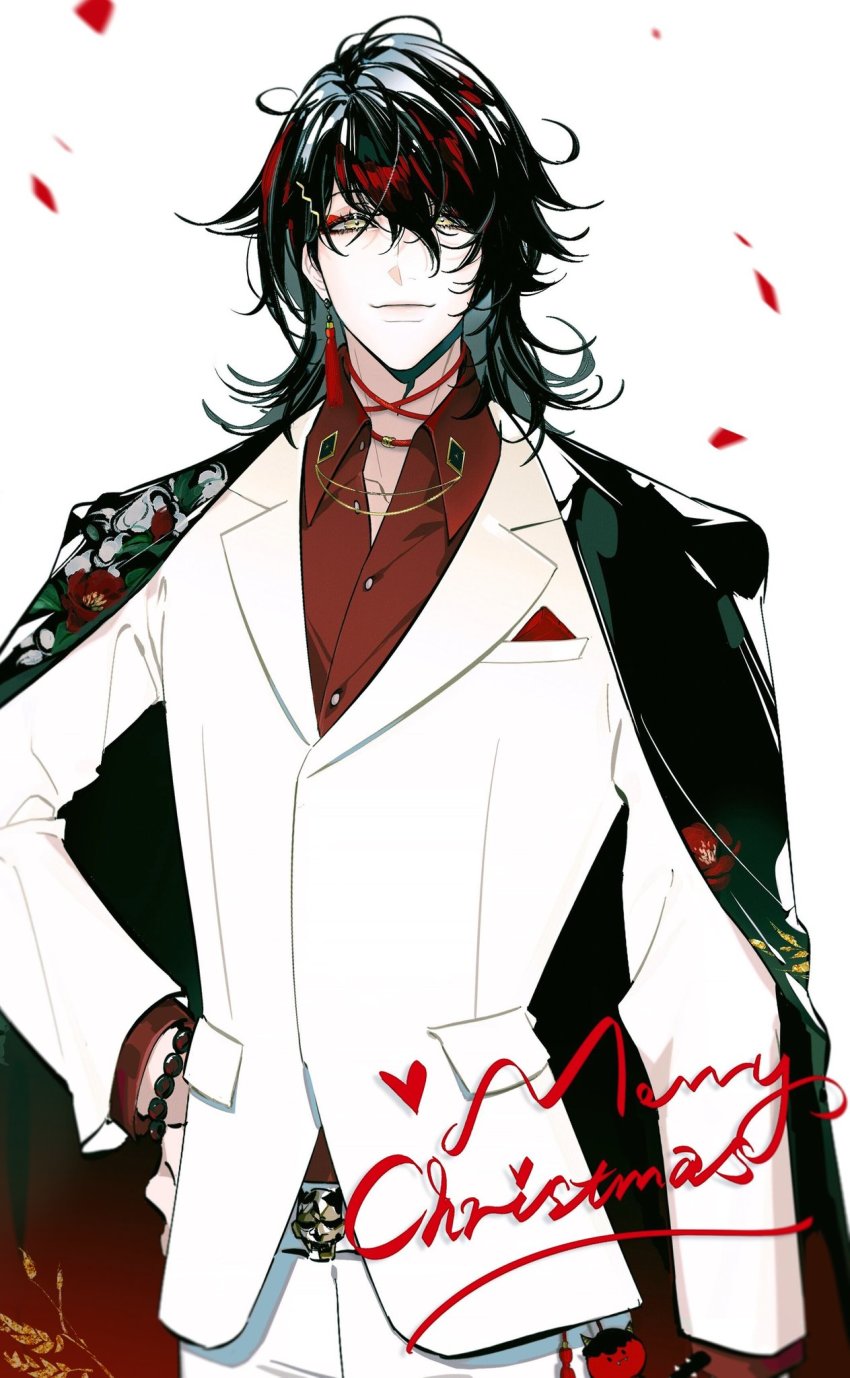 1boy, bead_bracelet, beads, belt, belt_buckle, black_hair, bracelet, buckle