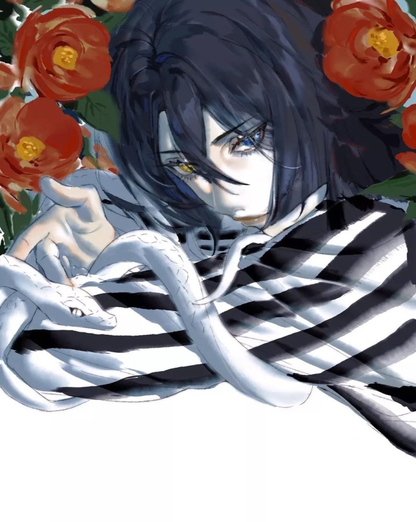 1boy, animal, black_hair, blue_eyes, brown_lips, caradocc, closed_mouth, eyelashes