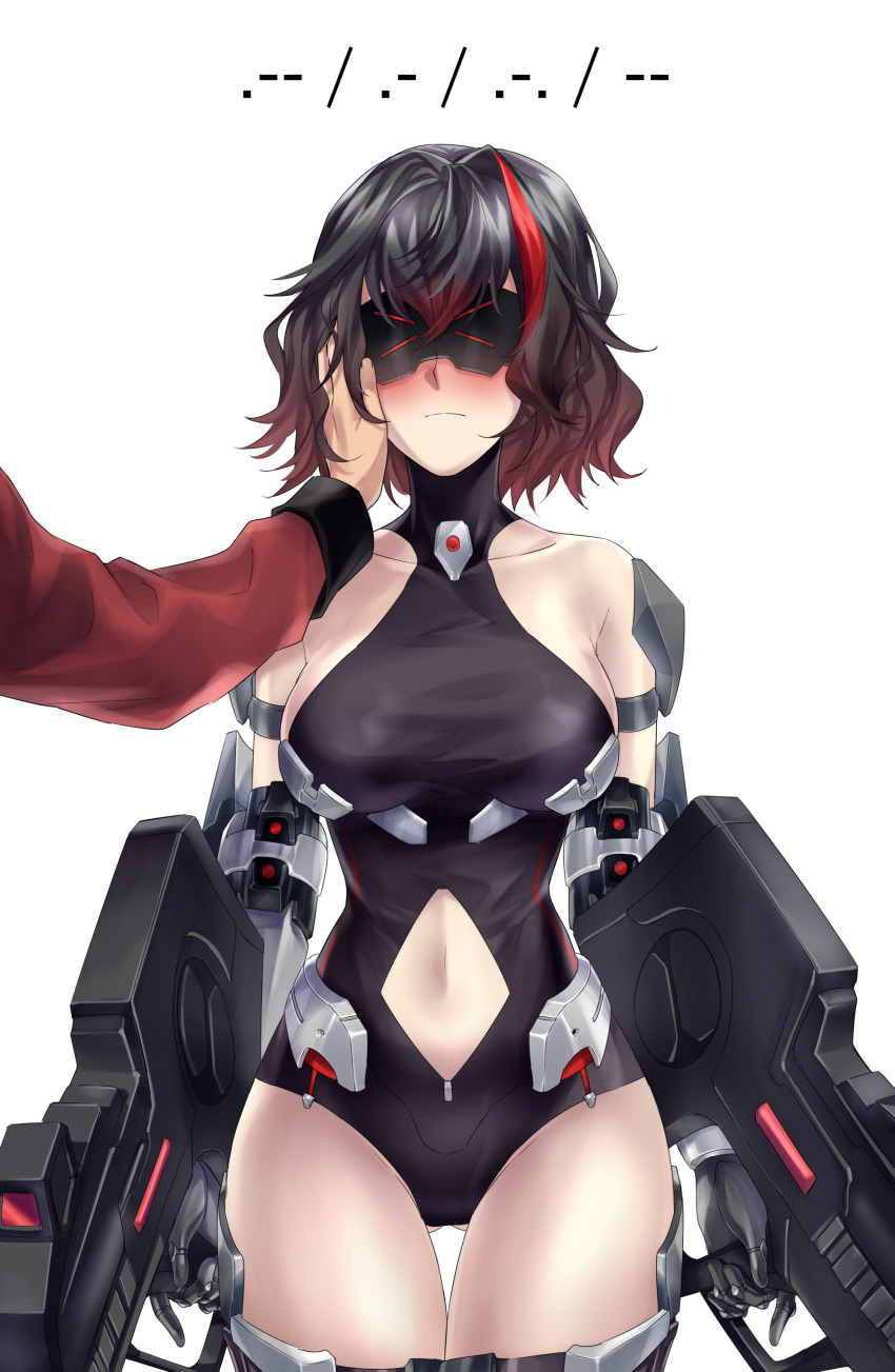 1boy, 1girl, absurdres, bare_shoulders, black_hair, blush, breasts, clothing_cutout, collarbone, commander_(girls'_frontline), commentary, commission, cowboy_shot, dual_wielding, english_commentary, girls'_frontline, gloves, gradient_hair, griffin_&amp;_kryuger_military_uniform, gun, hand_on_another's_face, head-mounted_display, highres, holding, holding_gun, holding_weapon, large_breasts, leotard, morse_code, multicolored_hair, navel, navel_cutout, out_of_frame, pixiv_commission, red_hair, ripper_swap_(girls'_frontline), sangvis_ferri, short_hair, simple_background, streaked_hair, suprii, thighs, weapon, white_background