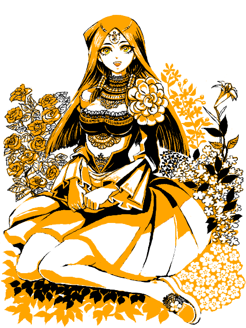 1girl, breasts, flower, ishizu_ishtar, leaf, long_hair, long_sleeves, looking_at_viewer, medium_breasts, monochrome, open_mouth, orange_theme, plant, saccharin, footwear_flower, shoes, smile, solo, yu-gi-oh!, yu-gi-oh!_duel_monsters