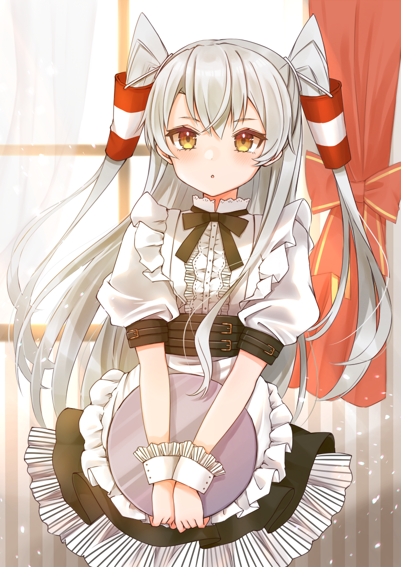 1girl, alternate_costume, amatsukaze_(kancolle), apron, brown_eyes, cocoperino, frilled_apron, frills
