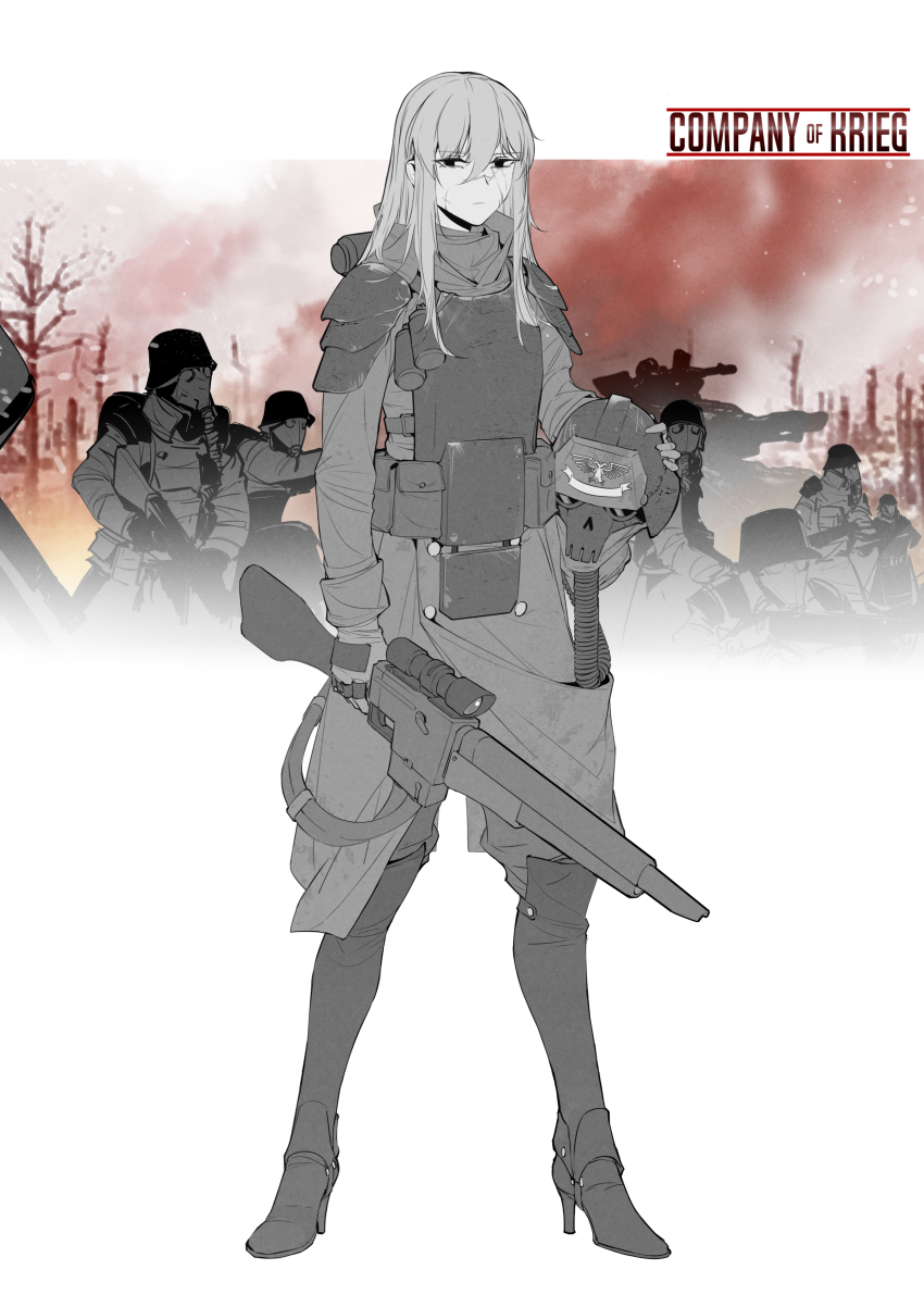 1girl, absurdres, boots, company_of_heroes, directed-energy_weapon, energy_gun, energy_weapon, facial_scar, gas_mask, gloves, helmet, high_heel_boots, high_heels, highres, holding, holding_weapon, laser_gun, laser_weapon, lasgun, limited_palette, long_hair, long_sleeves, mask, military, military_uniform, scar, scar_on_cheek, scar_on_face, scar_on_nose, sidelocks, slmsxiaodu, solo_focus, thigh_boots, thighhighs, unworn_headwear, unworn_helmet, warhammer_40k, weapon