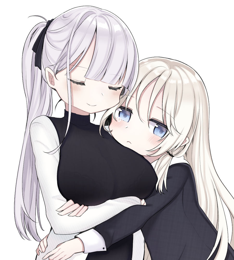 2girls, ak-12_(girls'_frontline), alternate_costume, an-94_(girls'_frontline), blonde_hair, blue_eyes, blush, breasts, crossed_arms, closed_eyes, girls'_frontline, hair_ornament, large_breasts, long_hair, long_sleeves, looking_at_viewer, mion_ing, multiple_girls, ponytail, silver_hair, simple_background, white_background, aged_down
