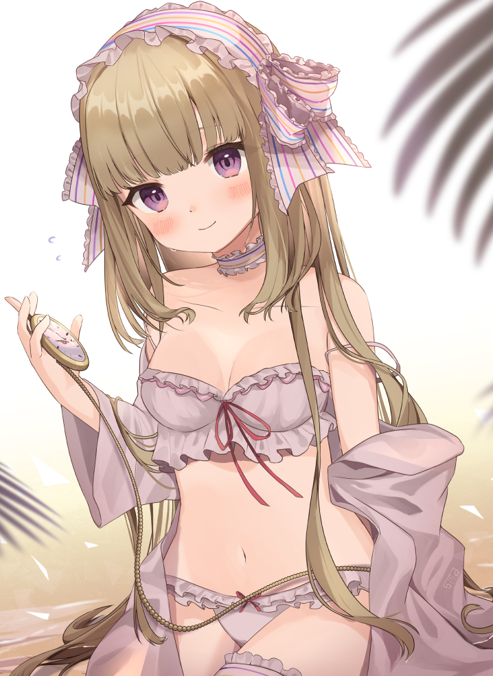 1girl, bare_shoulders, bemani, bikini, blonde_hair, blunt_bangs, blush, breasts