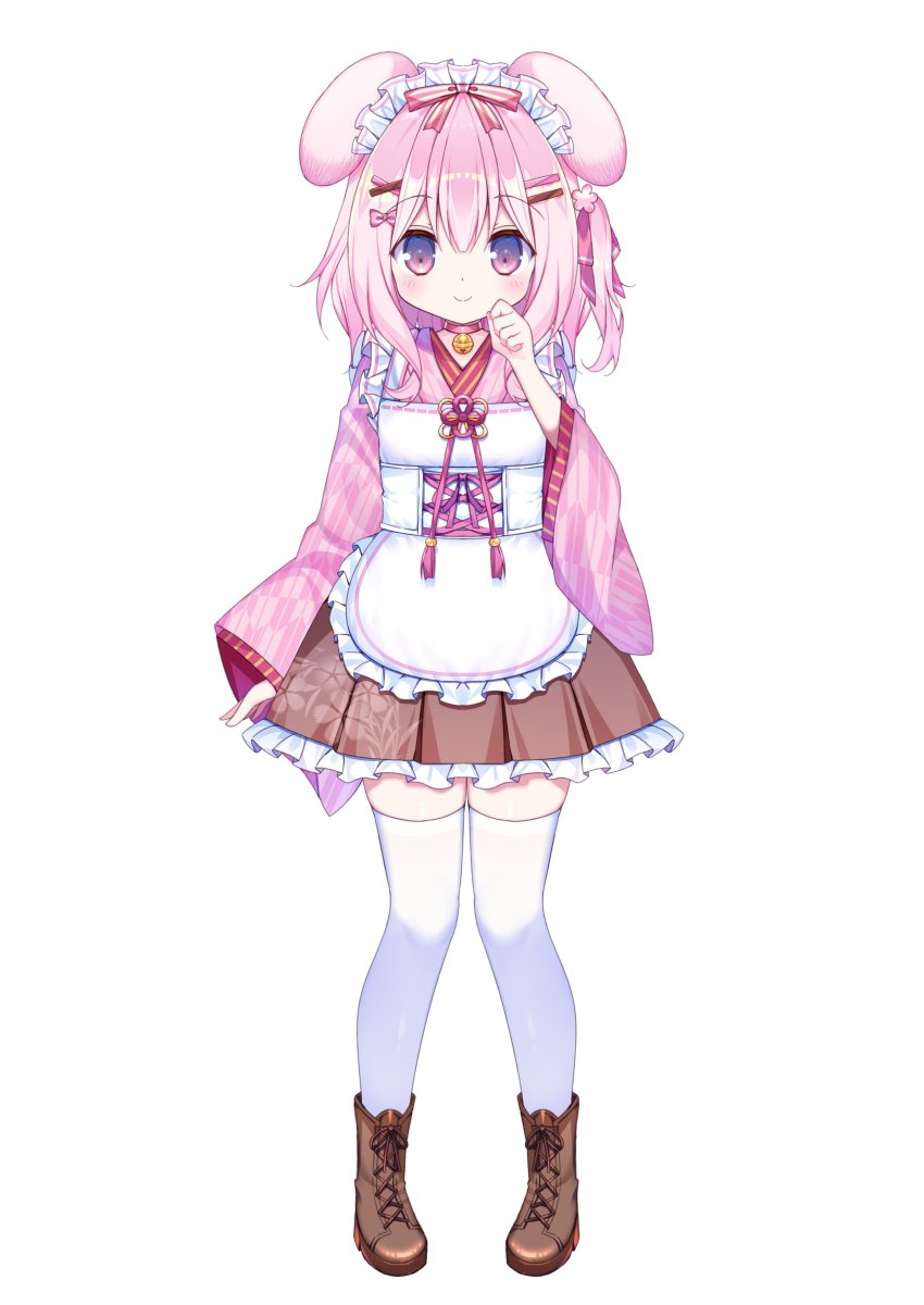 1girl, absurdres, animal_ears, apron, boots, breasts, cafe_omusubiya, d_omm, frilled_skirt, frills, full_body, hanaga_saku, highres, japanese_clothes, kimono, long_hair, looking_at_viewer, maid_apron, maid_headdress, pink_hair, ponytail, rabbit_ears, short_hair, skirt, smile, solo, virtual_youtuber, white_background, white_legwear