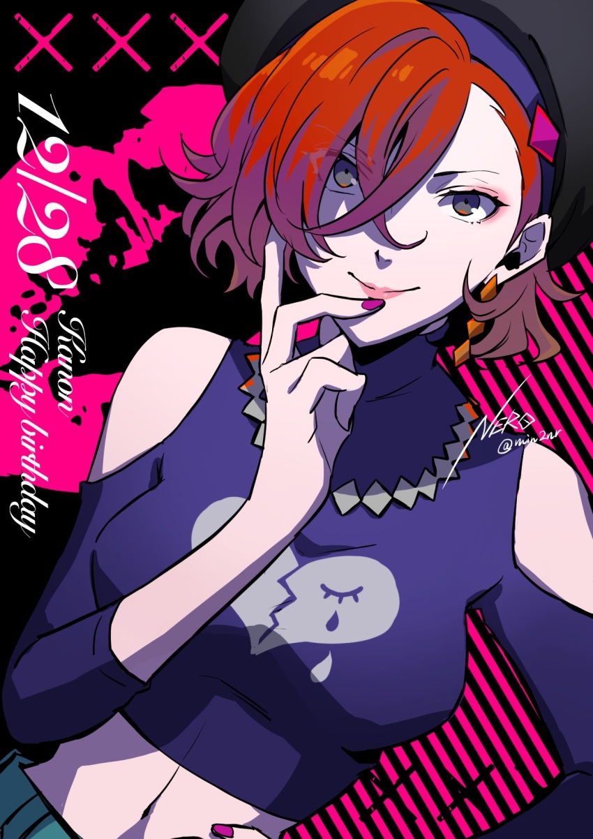 1girl, beret, breasts, character_name, closed_mouth, clothing_cutout, crop_top, earrings