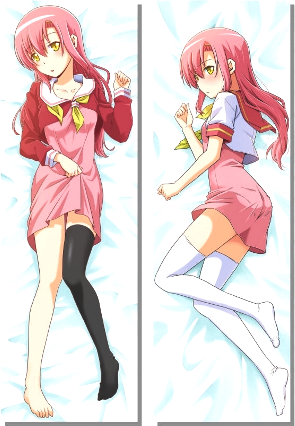 1girl, black_thighhighs, blush, breasts, clothes_lift, collarbone, dakimakura_(medium), full_body