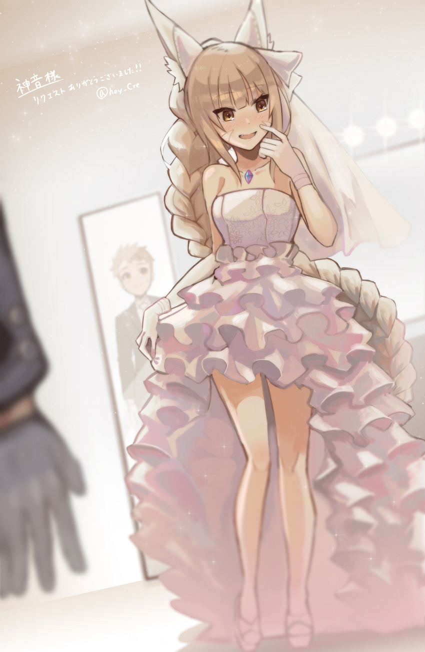 1boy, 1girl, alternate_costume, animal_ears, blunt_bangs, braid, braided_ponytail, breasts, bride, cat_ears, chest_jewel, dress, facial_mark, gloves, hey_cre, highres, long_hair, nia_(blade)_(xenoblade), nia_(xenoblade), rex_(xenoblade), silver_hair, small_breasts, very_long_hair, wedding_dress, white_dress, white_gloves, xenoblade_chronicles_(series), xenoblade_chronicles_2, yellow_eyes