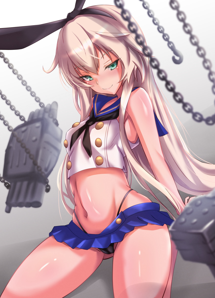 1girl, arm_rest, black_hairband, black_neckerchief, black_panties, blonde_hair, blue_sailor_collar, blue_skirt