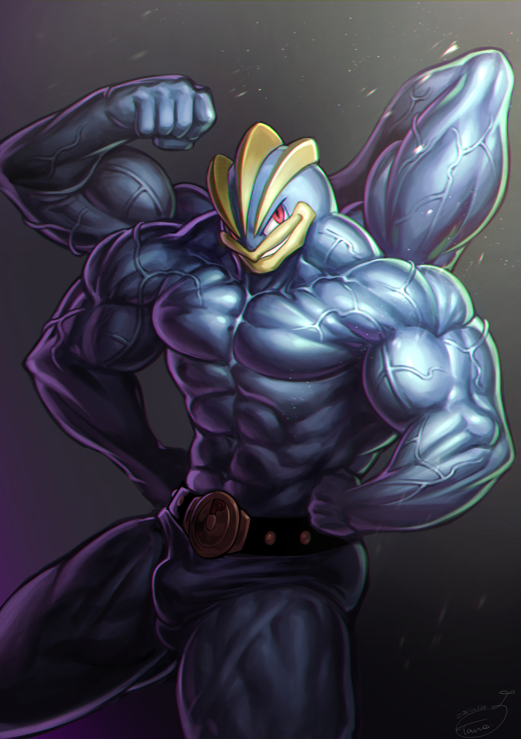 1boy, abs, bara, biceps, bulge, energy_camdy, feet_out_of_frame, flexing, gen_1_pokemon, grin, highres, lips, machamp, male_focus, muscular, muscular_male, navel, nintendo, pectorals, pokemon, pokemon_(creature), red_eyes, smile, solo, standing, stomach, thick_thighs, thighs, topless_male, veins, wrestling_outfit