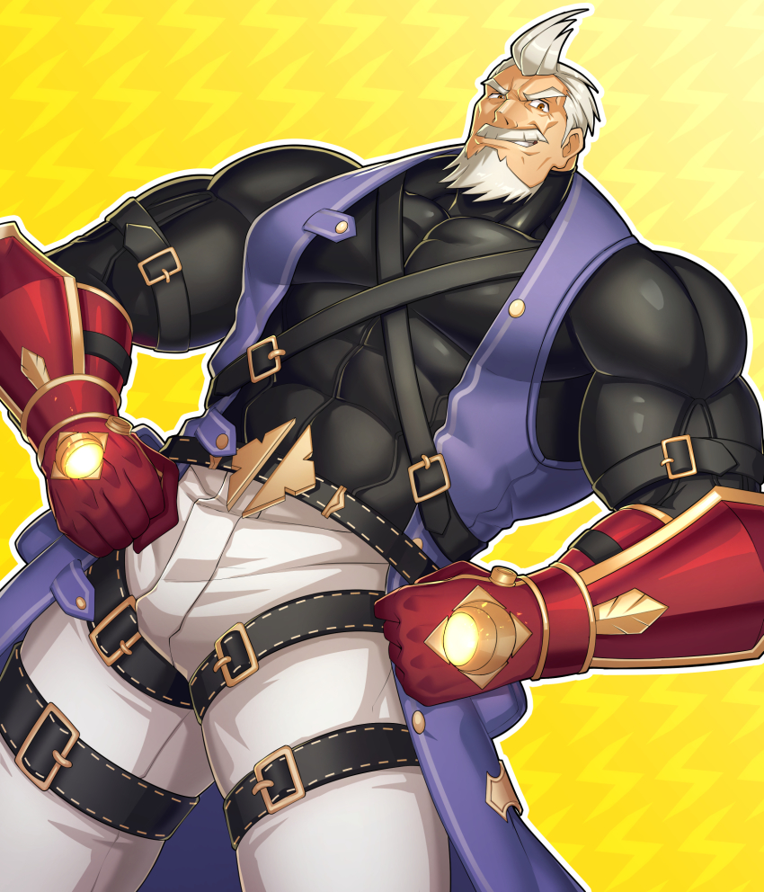 1boy, bara, beard, belt, black_shirt, chest_belt, coat, covered_abs