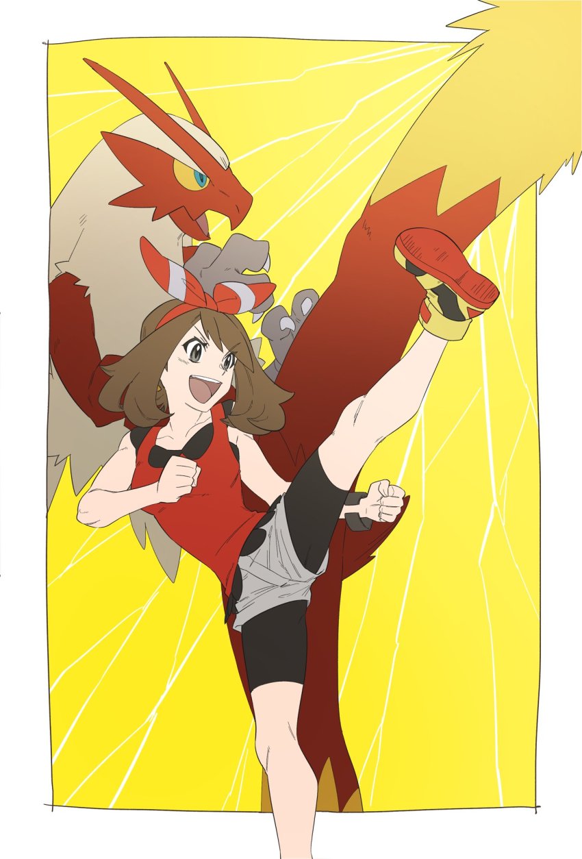 1girl, :d, bike_shorts, blaziken, border, bow_hairband, bracelet, breasts