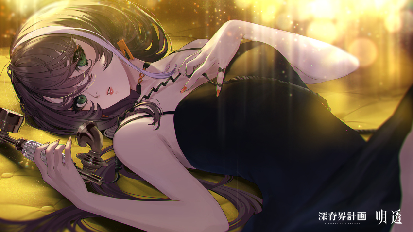 1girl, asu_(sinsekai), bare_arms, bare_shoulders, bed_sheet, between_fingers, black_dress, blurry