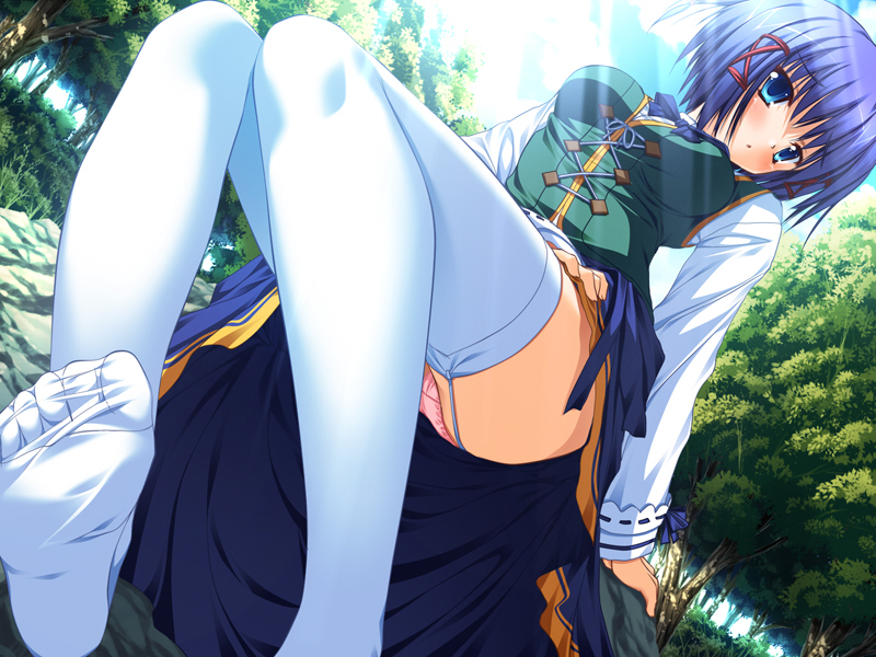 blue_eyes, blue_hair, engage_links, feet, foot_focus, forest, garter_belt, garter_straps, helen_(engage_links), nature, panties, short_hair, soles, solo, thighhighs, underwear