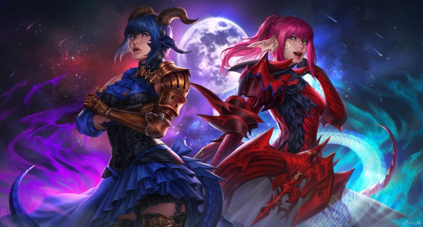 2girls, armor, asymmetrical_clothes, au_ra, warrior_of_light_(ff14), black_horns, blue_hair, boots, commission, crossed_arms, crovius, detached_sleeves, dragon_horns, dragon_tail, dragoon_(final_fantasy), final_fantasy, final_fantasy_xiv, full_moon, gauntlets, green_eyes, highres, horns, lips, long_hair, looking_at_viewer, moon, multiple_girls, open_mouth, pink_hair, ponytail, purple_eyes, scales, short_hair, shoulder_armor, single_detached_sleeve, single_gauntlet, tail, thigh_boots, thighhighs, upper_body, wind
