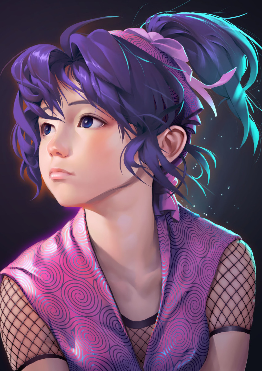 1girl, backlighting, black_background, blue_eyes, bo_xun_lin, breasts, collarbone, fishnets