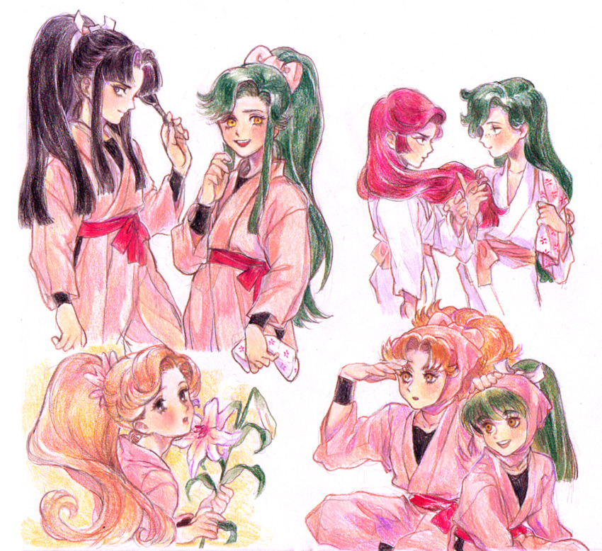 6+girls, black_hair, blunt_ends, eye_contact, flower, freckles, furrowed_brow, green_hair, hair_down, hand_on_another's_head, hand_up, high_ponytail, holding, holding_another's_hair, holding_flower, holding_towel, holding_weapon, hood, iiko_(rakudai_ninja_rantarou), japanese_clothes, kimono, kunai, long_hair, long_sleeves, looking_afar, looking_at_another, looking_at_viewer, looking_back, morisaki_tsugumi, multiple_girls, orange_hair, pants, parted_bangs, pink_hair, ponytail, rakudai_ninja_rantarou, sash, school_uniform, shading_eyes, sidelocks, sideways_glance, simple_background, smile, straight_hair, tomomi_(rakudai_ninja_rantarou), towel, traditional_media, very_long_hair, weapon, white_background, wristband, yuki_(rakudai_ninja_rantarou)