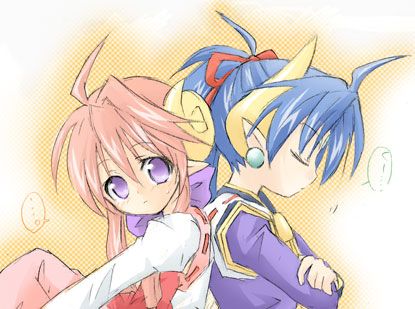 ..., 2girls, ahoge, blue_hair, blush, brown_hair, earrings, closed_eyes