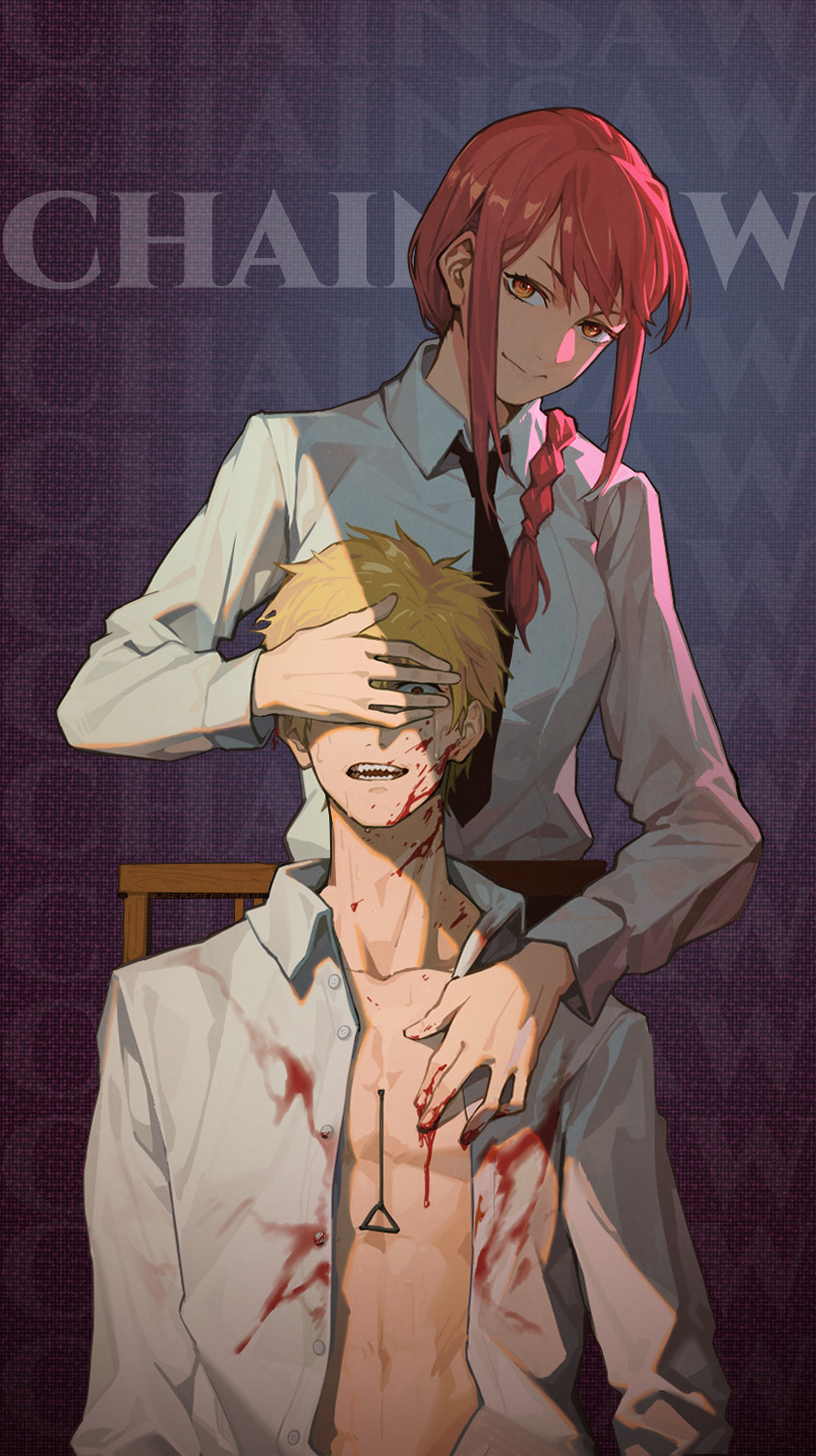 1boy, 1girl, black_necktie, black_plume, blonde_hair, blood, blood_on_clothes, blood_on_face