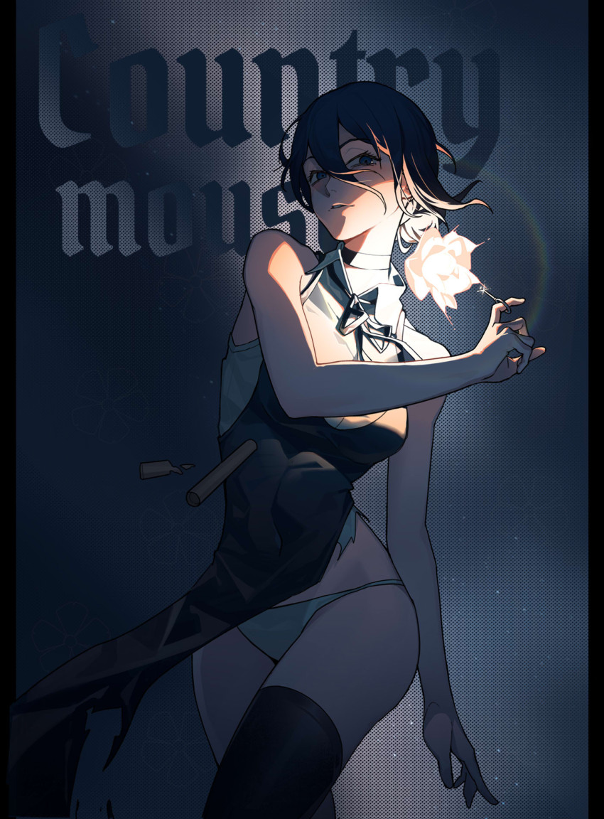 1girl, black_background, black_choker, black_dress, black_plume, black_ribbon, black_thighhighs, blue_eyes, breasts, chainsaw_man, chinese_commentary, choker, collared_shirt, covered_navel, cowboy_shot, dress, english_text, explosion, eyelashes, gradient_background, grenade_pin, hair_between_eyes, hair_bun, highres, looking_at_viewer, medium_breasts, neck_ribbon, panties, parted_lips, patterned_background, pillarboxed, pulling, reze_(chainsaw_man), ribbon, shirt, shirt_under_dress, short_hair, simple_background, single_hair_bun, sleeveless, sleeveless_dress, smile, solo, thighhighs, thighs, torn_clothes, torn_dress, underwear, white_background, white_panties, white_shirt, wing_collar