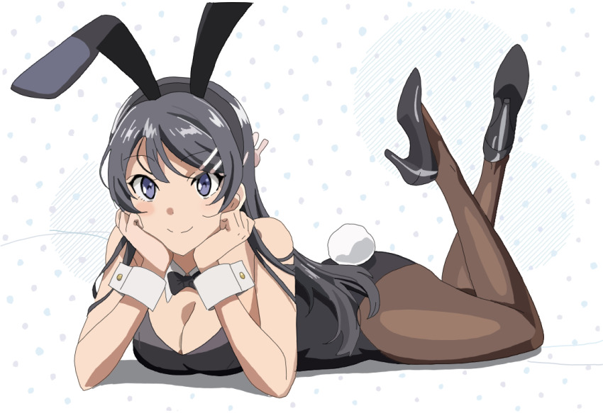 1girl, animal_ears, ass, bare_shoulders, birthday, black_bow, black_bowtie, black_footwear, black_hair, black_leotard, black_pantyhose, bow, bowtie, breasts, cleavage, closed_mouth, commentary, derivative_work, detached_collar, fake_animal_ears, forehead, full_body, hair_between_eyes, hair_ornament, hairclip, hands_on_own_cheeks, hands_on_own_face, happy_birthday, high_heels, highleg, highleg_leotard, ikesin1983, legs_up, leotard, lying, medium_breasts, on_stomach, pantyhose, parted_bangs, playboy_bunny, purple_eyes, rabbit_tail, sakurajima_mai, seishun_buta_yarou, simple_background, smile, solo, split_mouth, tail, thighs, wrist_cuffs