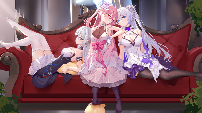 3girls, armpits, black_legwear, breasts, bronya_zaychik, bronya_zaychik_(silverwing:_n-ex), cleavage, couch