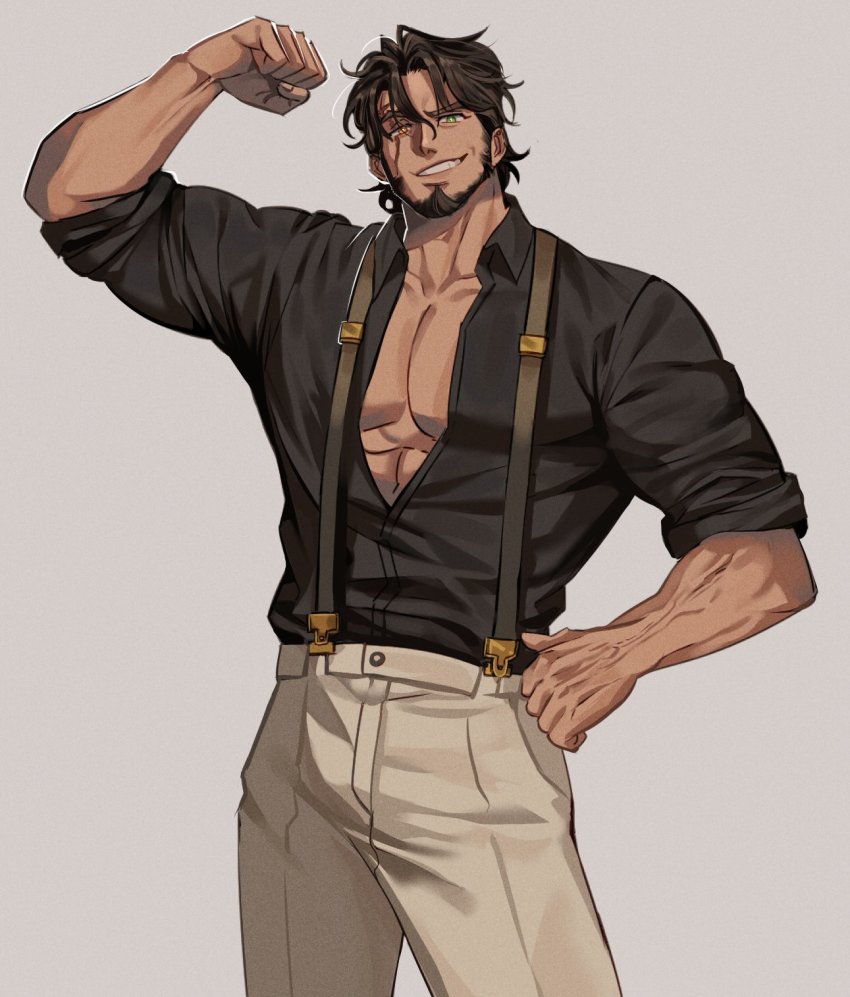 1boy, aslan_valcarios, bara, beige_pants, black_hair, black_shirt, brk_603, collared_shirt, facial_hair, highres, large_pectorals, looking_at_viewer, lord_of_heroes, male_focus, mature_male, muscular, muscular_male, pants, pectoral_cleavage, pectorals, shirt, smile, solo, suspenders, yellow_eyes