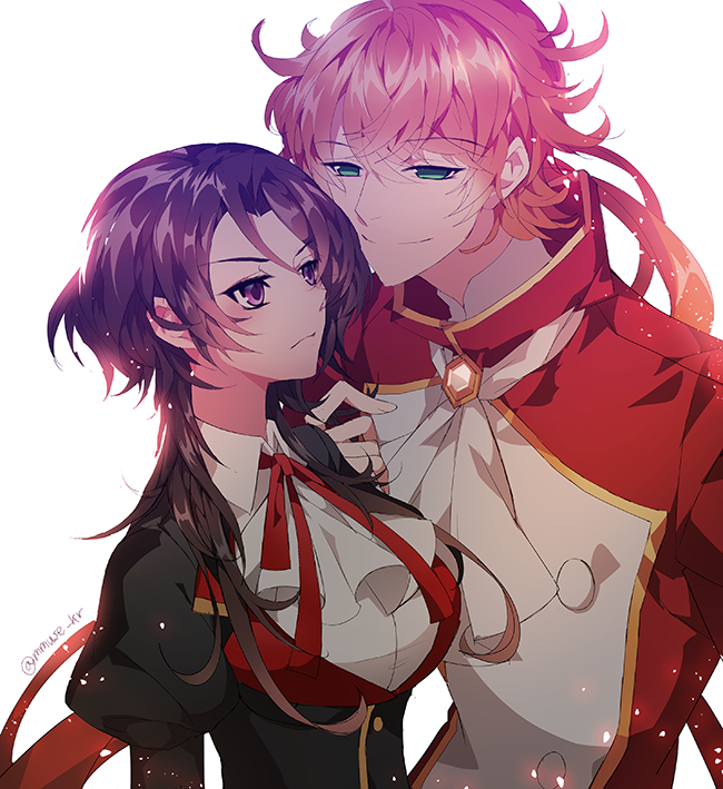 1boy, 1girl, ascot, bad_id, bad_pixiv_id, black_hair, blouse, breasts, brooch, closed_mouth, collared_shirt, green_eyes, hand_in_another's_hair, jewelry, jooubachi_no_oubou, kaguya_(jooubachi_no_oubou), long_hair, muse_(rainforest), purple_eyes, red_hair, red_ribbon, ribbon, school_uniform, shirt, smile, sumeragi_(jooubachi_no_oubou), white_background